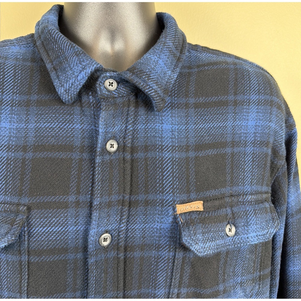 Orvis Shacket Mens XXL Blue Plaid Heavy Flannel Button Up Shirt Jacket Pocket